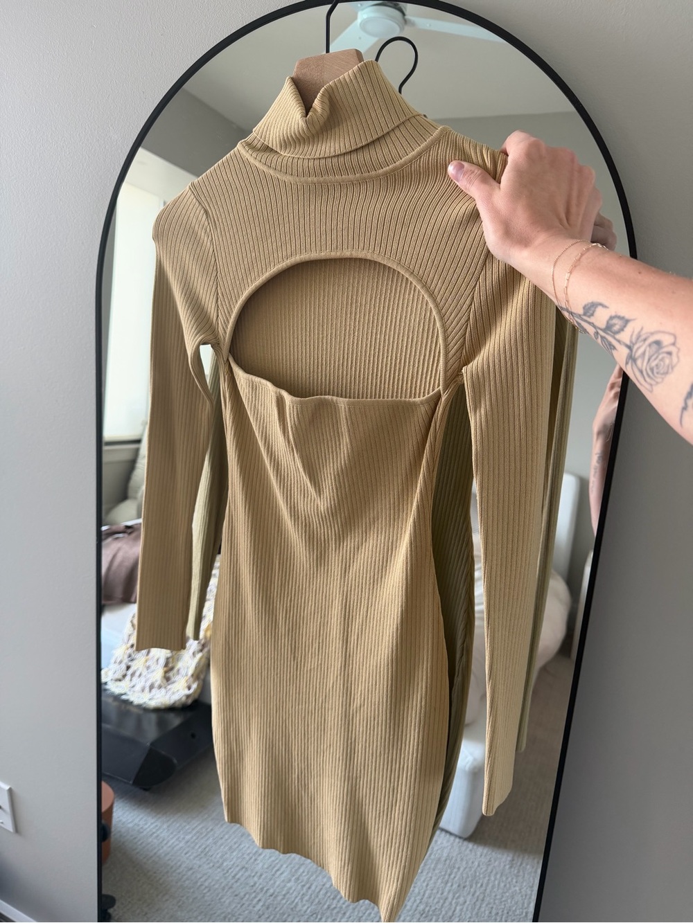 superdown Ribbed Cutout Turtleneck Dress in Camel Taupe